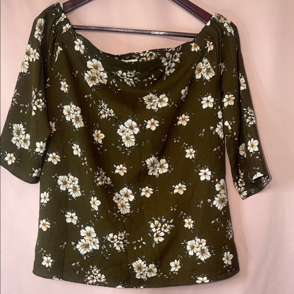 Charming Charlie Olive Green Floral Off-Shoulder Top